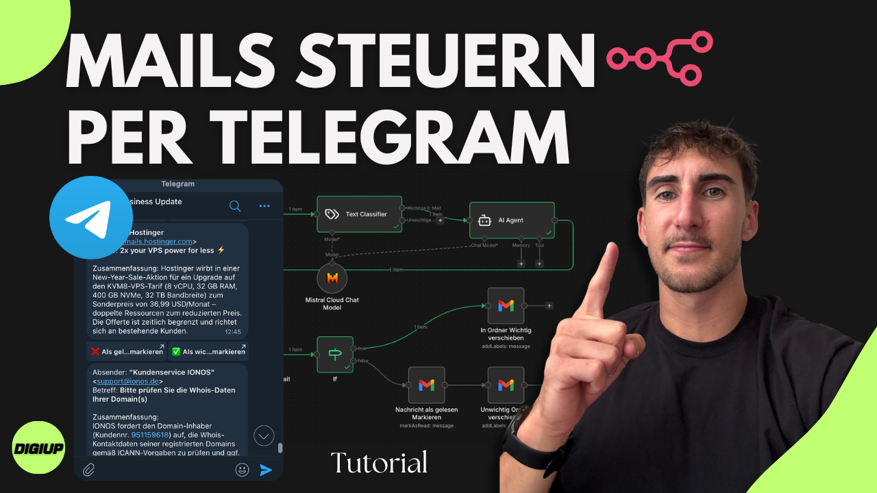 E-Mail-Chaos adé: E-Mails per Telegram steuern mit n8n und KI E-Mail-Chaos adé: E-Mails per Telegram steuern mit n8n und KI